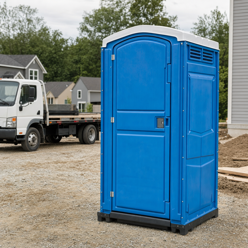 Delivery driver positioning a clean royal-blue portable toilet on level ground at a Las Cruces worksite