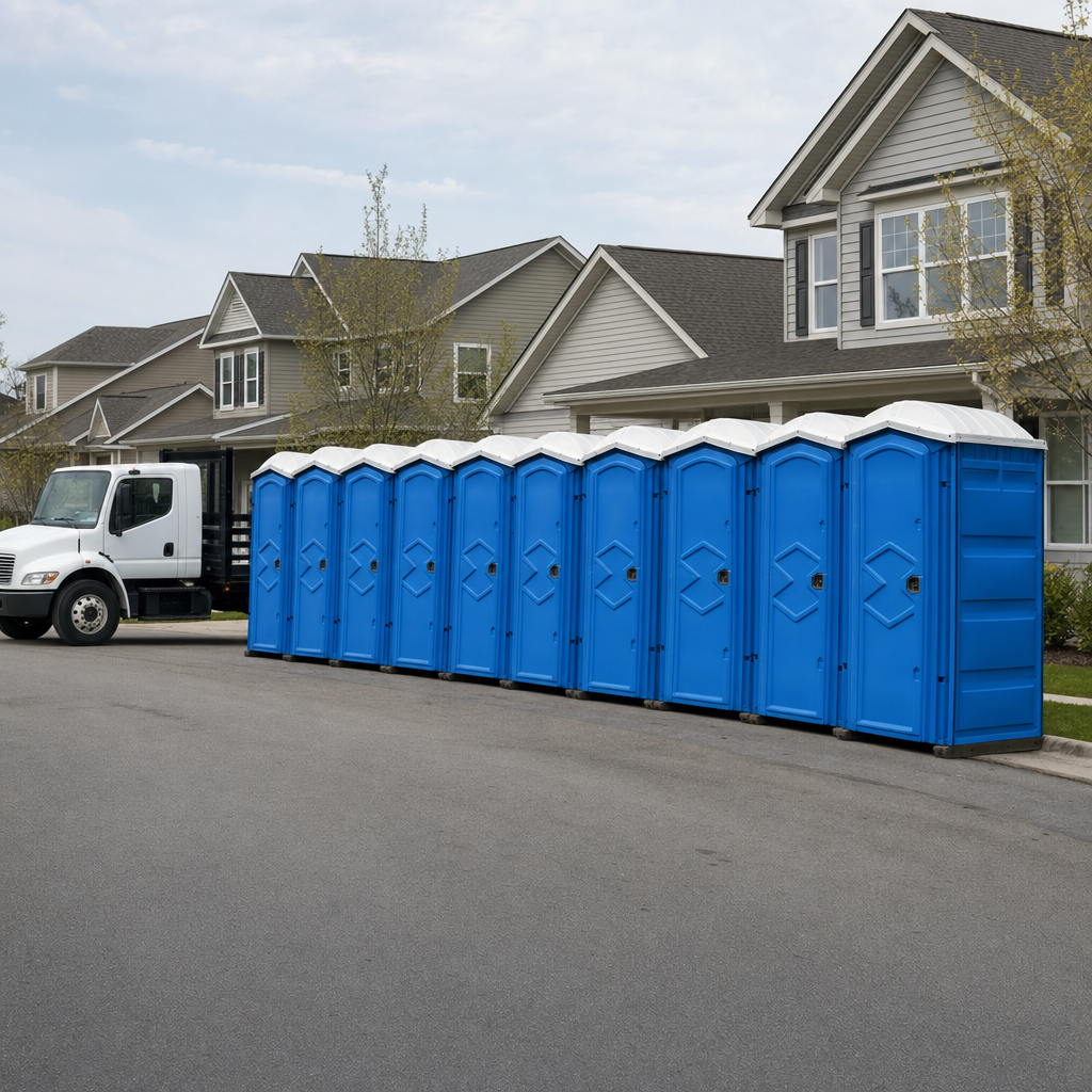 Royal blue portable toilets staged in a tidy row at a Las Cruces jobsite, ready for delivery